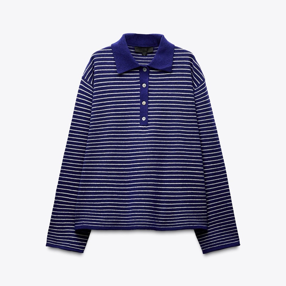 Zara Striped Blue and White Polo Sweater Medium